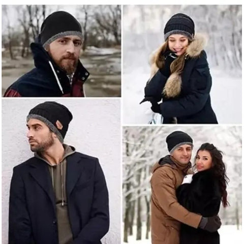 Couple Pack of 2 Combo - woolen winter beanie Head cap with neck warmer muffler for men and women (Black)