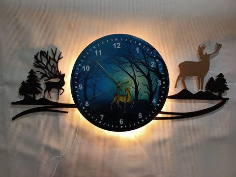 forest figure Deer  3d wood Wall clock blue jungle with light  Fancy Clocks for Bedroom and Drawing Room(with light)