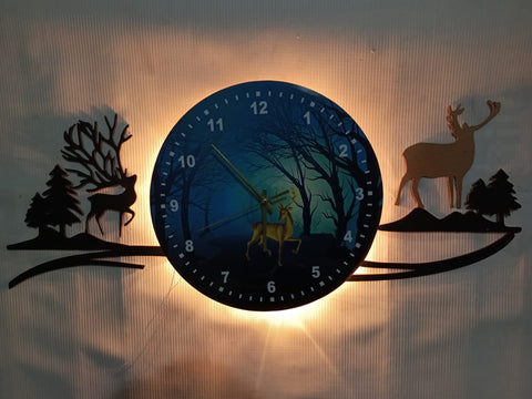 forest figure Deer  3d wood Wall clock blue jungle with light  Fancy Clocks for Bedroom and Drawing Room(with light)