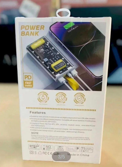 20000mAh PD Power Bank with a transparent body and side LEDs