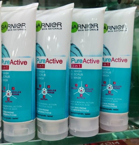 3 in 1 Garnier Skin Natural Pure Active Wash + Scrub + Mask 100ml