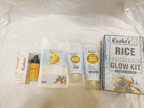 (pack of 4 ) Kashe's Rice Extract Bright +Kashees Foundation  &amp; Glow Kit ( Rice Face Wash + Rice Scrub + Rice Mask +Kashees Foundation  )