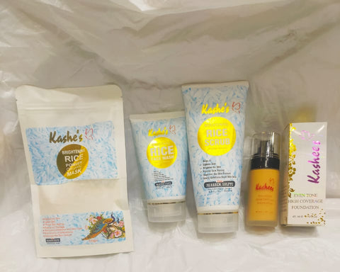 (pack of 4 ) Kashe's Rice Extract Bright +Kashees Foundation  &amp; Glow Kit ( Rice Face Wash + Rice Scrub + Rice Mask +Kashees Foundation  )