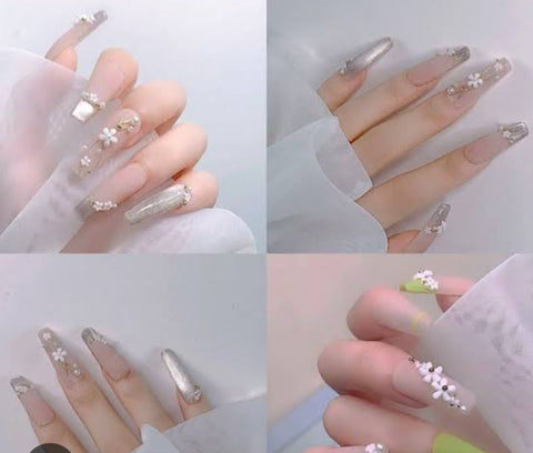 10 PCs Fake Nails False Nails Wearable Nails Stylish Pattern Artificial Nails | Fake Nails For Girls | Artificial Nails For Women with Sticking Dots ( Random Design )