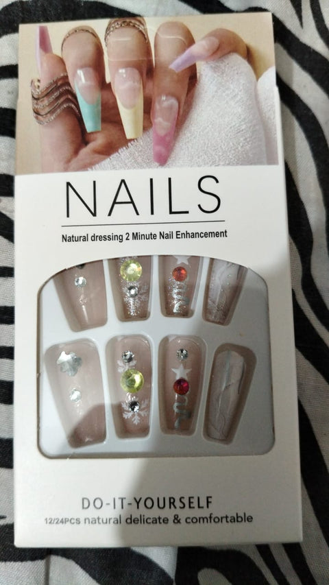 10 PCs Fake Nails False Nails Wearable Nails Stylish Pattern Artificial Nails | Fake Nails For Girls | Artificial Nails For Women with Sticking Dots ( Random Design )