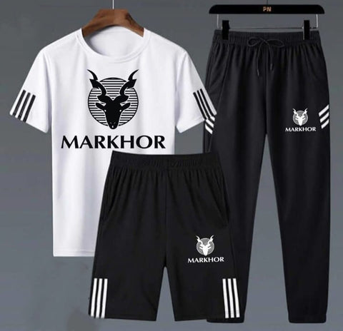 3 Piece Markhor Printed White &amp; Black Summer Tracksuit Markhor Printed Tracksuit For Men | Markhor Combo Deal