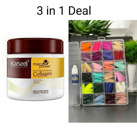 3 in 1 Deal Karseell Hair Mask Collagen Treatment Cream + Reusable 576 Pcs Fake Nails + Fake Nails Glue | Makeup And Hair Care Deal