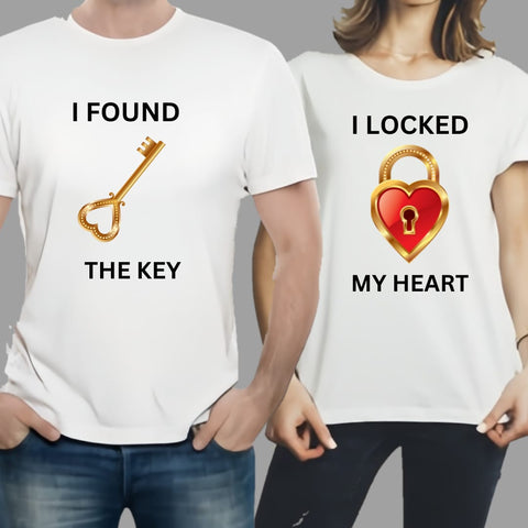 Combo Of My Heart &amp; The Key Style White T-Shirt with Cute Design - Heart &amp; key Design T-Shirts  – Best Quality T-Shirts For Girls | T-Shirt For Women - T-Shirt For Men