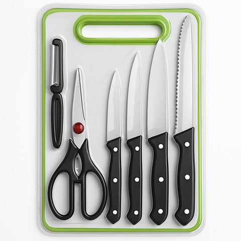 6 in 1 Stainless Steel Knives Set– For meat, bread, fruits, and vegetables | Kitchen Knife Set with Scissors, Peeler &amp; Cutting Board – All-in-One Cooking Essentials with Ergonomic Handles &amp; Sharp Stainless Steel Blades