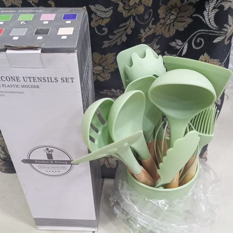 12 Pcs Silicone Cooking Utensils Kitchen Utensil Set | Heat Resistant Kitchen Non toxic Spatula Set with Turner Tongs,Spoon,Brush,Whisk-Wooden Handle - Random Color