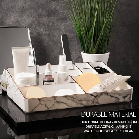9 Compartment Marble Look Makeup Organiser | Marble Acrylic Makeup Organiser - Perfume Holder, Vanity Storage and Cosmetic Storage - White