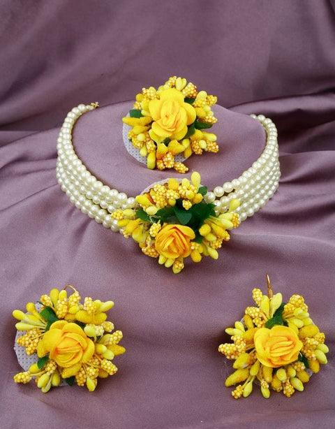 Artificial flower Flower Jewelry Set Pearl  Choker Necklace with Maang Tikka Earrings Floral Handmade perfect for mehndi, mayon, or haldi ceremonies