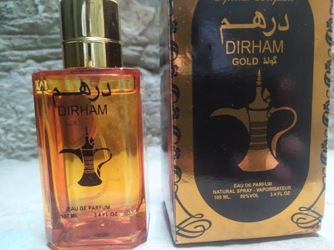 Dirham Gold - EAU De Perfum, Oriental Fragrance, long-lasting, Sandalwood (Men and Women) Unisex Eau de Arabian Perfume 100 ml