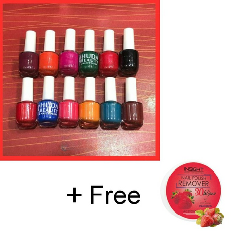 06 Pcs Huda Beauty Nail Paint With Free Nail Polish Remover, Pack of 2 | Best Quality Nail Polish with Nail Polish Remover - Multicolor