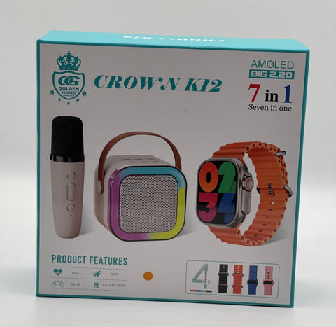 Crown K12 Watch &amp; Speaker Set - Best Quality Speaker Set &amp; Watch Set | Watch with Karaoke Speaker | Watch with 4 Multiple Random Color Straps