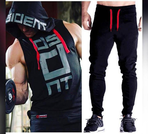 Black Gym Sleeveless Hood Tracksuit - Black Gym Sleeveless Hood Summer Tracksuit - Ready to Wear 2-Piece Set | Men's Sports &amp; Jogging Wear 