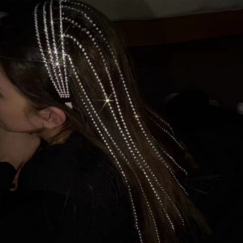Full Rhinestone Long Tassel Headband For Women Multilayer Flashing Crystal Hairband Party Hair Accessories