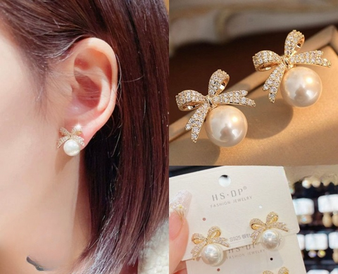 Bow sparkle diamond pearl stud earrings /  Pearl Earrings Women's Earrings for Gift