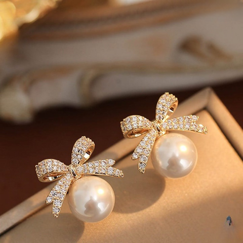 Bow sparkle diamond pearl stud earrings /  Pearl Earrings Women's Earrings for Gift