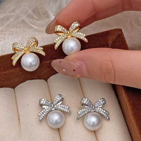 Bow sparkle diamond pearl stud earrings /  Pearl Earrings Women's Earrings for Gift