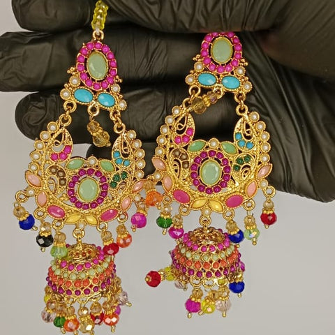 Bridal necklace set with earrings and bindiya - 1 necklace 2 earrings 1 bindiya - zarcon style with beautiful moti beads colourful - for wedding and special occasion - specially for bridals - without box - adjustable every one can wear