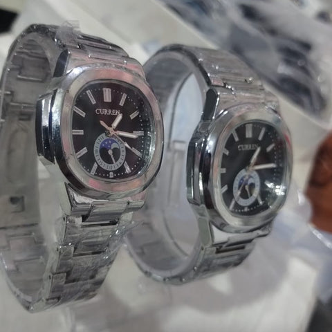 Curren Stainless Steel Couple Watch Set with Moonphase Design – Black Dial (With Box)