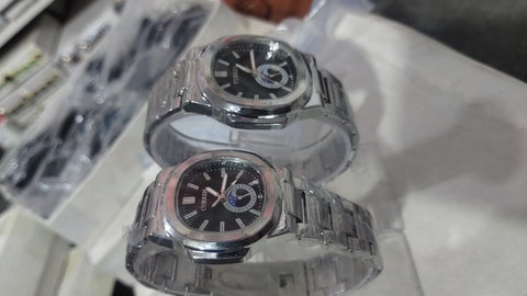 Curren Stainless Steel Couple Watch Set with Moonphase Design – Black Dial (With Box)