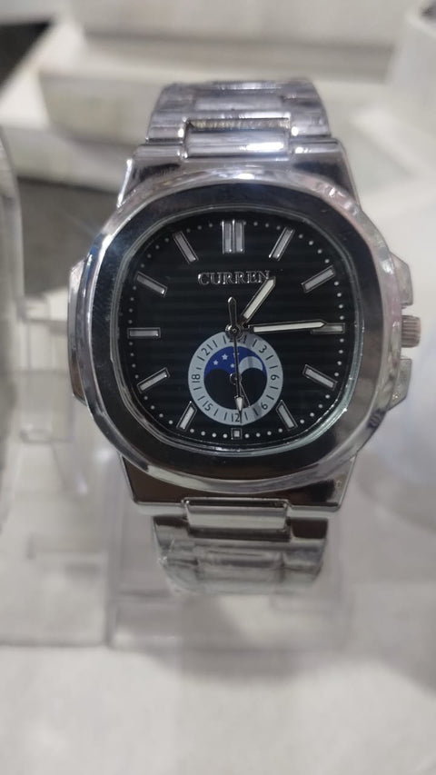 Curren Stainless Steel Couple Watch Set with Moonphase Design – Black Dial (With Box)
