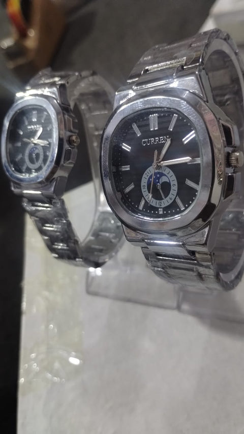 Curren Stainless Steel Couple Watch Set with Moonphase Design – Black Dial (With Box)