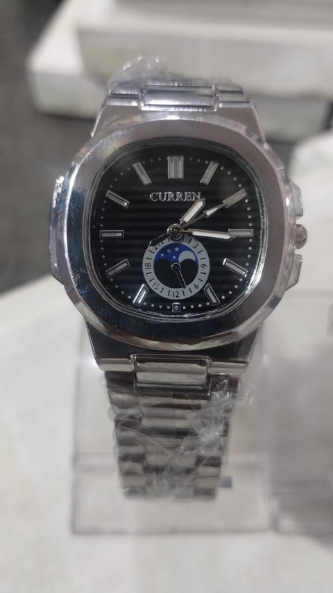 Curren Stainless Steel Couple Watch Set with Moonphase Design – Black Dial (With Box)