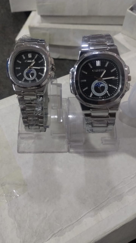 Curren Stainless Steel Couple Watch Set with Moonphase Design – Black Dial (With Box)