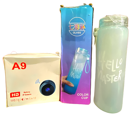 Deal pack of 2 - A9 Mini Camera &amp; Frosted Glass Water Bottle (Random color)