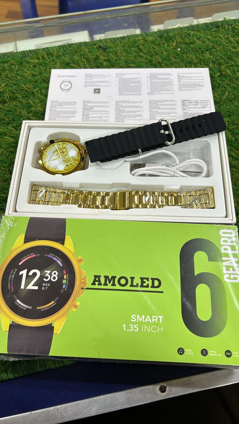 GEN PRO 6 AMOLED Smartwatch – Display with Dual Straps (Silicone + Golden Metal Strap)