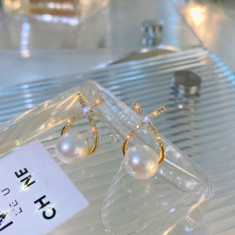 Elegant Golden Cross Pearl Zircon Earings Pearl Stud Earrings Women Personality Fashion Unique Design Earrings | Earrings for Women Fashion | Luxury Look Artificial Earrings | Women Earrings 