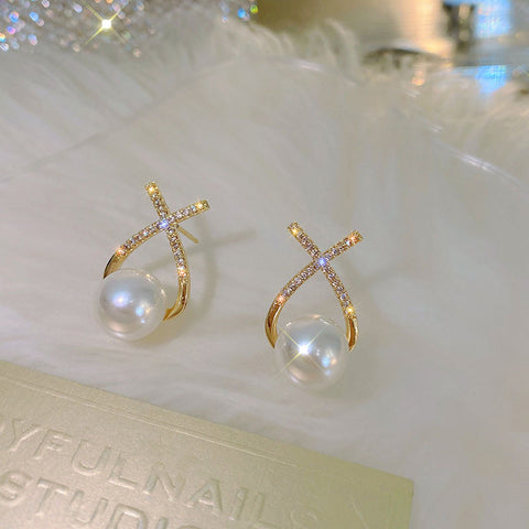 Elegant Golden Cross Pearl Zircon Earings Pearl Stud Earrings Women Personality Fashion Unique Design Earrings | Earrings for Women Fashion | Luxury Look Artificial Earrings | Women Earrings 
