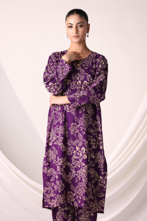 flower printed suit pcs Stitched Suit Stone Winter linen Suit WINTER COLLECTION (purple)