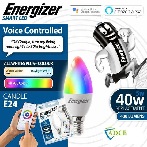 Energizer Smart LED Multicolor Dimmable WiFi Bulb, 5.5W, App Controllable, Home Bulb, with Alexa, Google and Siri, No Hub Required, Lamp Holder E14