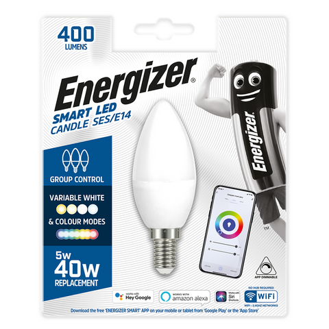 Energizer Smart LED Multicolor Dimmable WiFi Bulb, 5.5W, App Controllable, Home Bulb, with Alexa, Google and Siri, No Hub Required, Lamp Holder E14